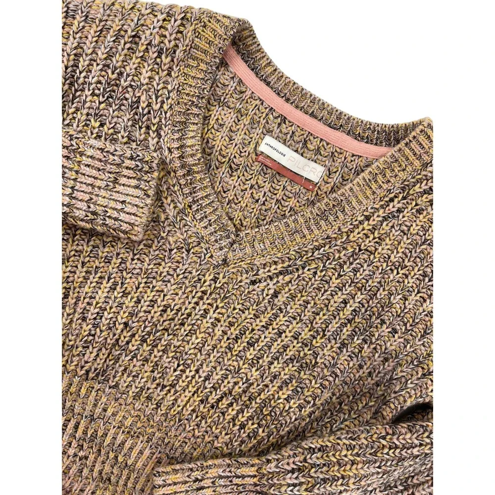 Anthropologie‎ Pilcro Marled Chunky V-Neck wool mix Knit Sweater Size M brown